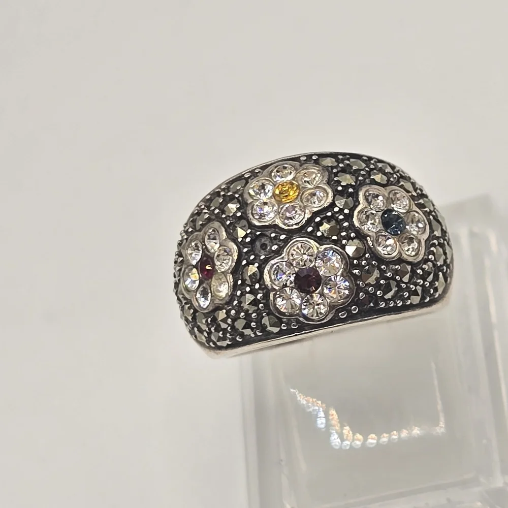 Sterling Silver Marcasite & Tiny Gemstone Flower Ring,  Size 6.75